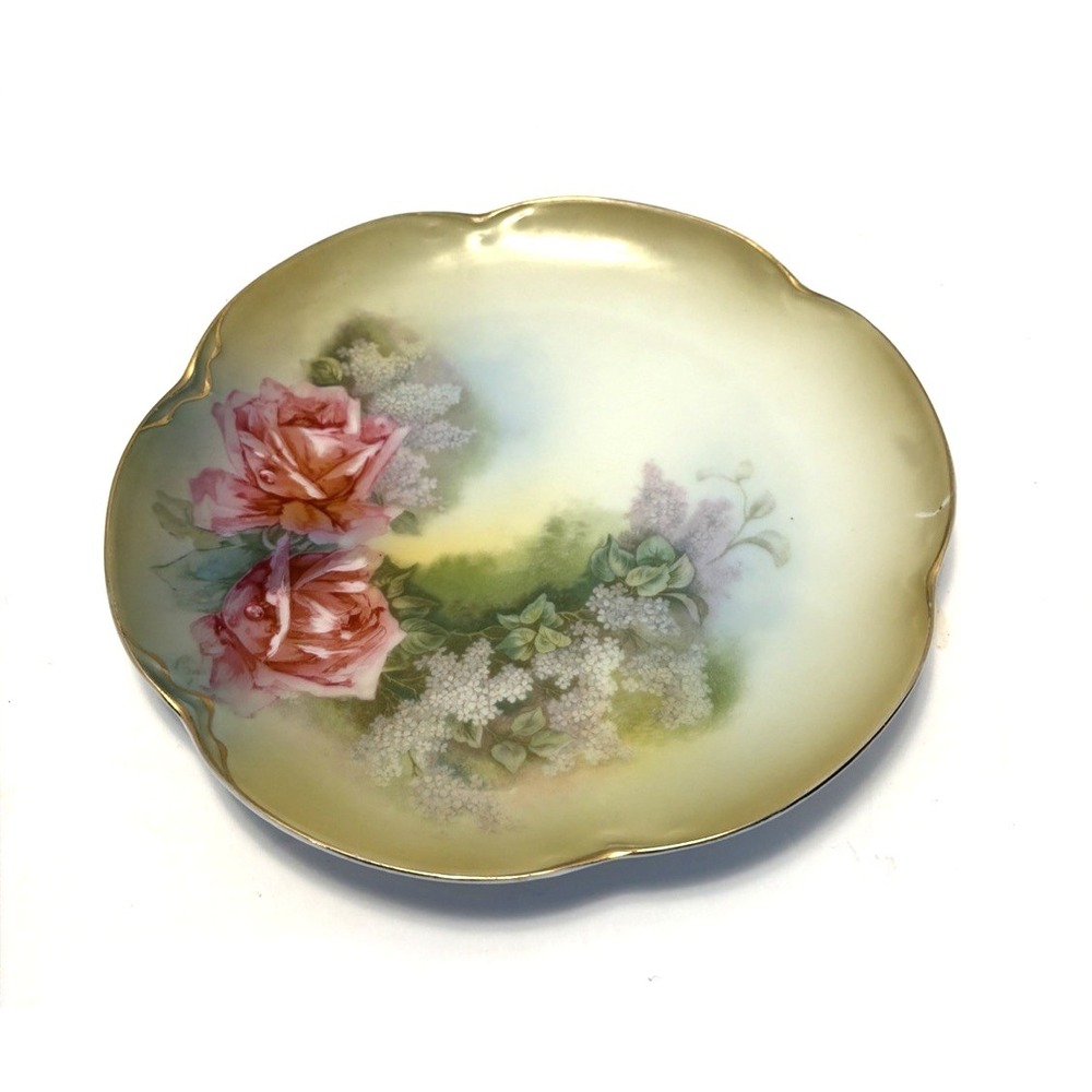 Vintage Charlotte JHR Bavaria Hand‎ painted  Signed Plate Roses Gold Rim Scallop